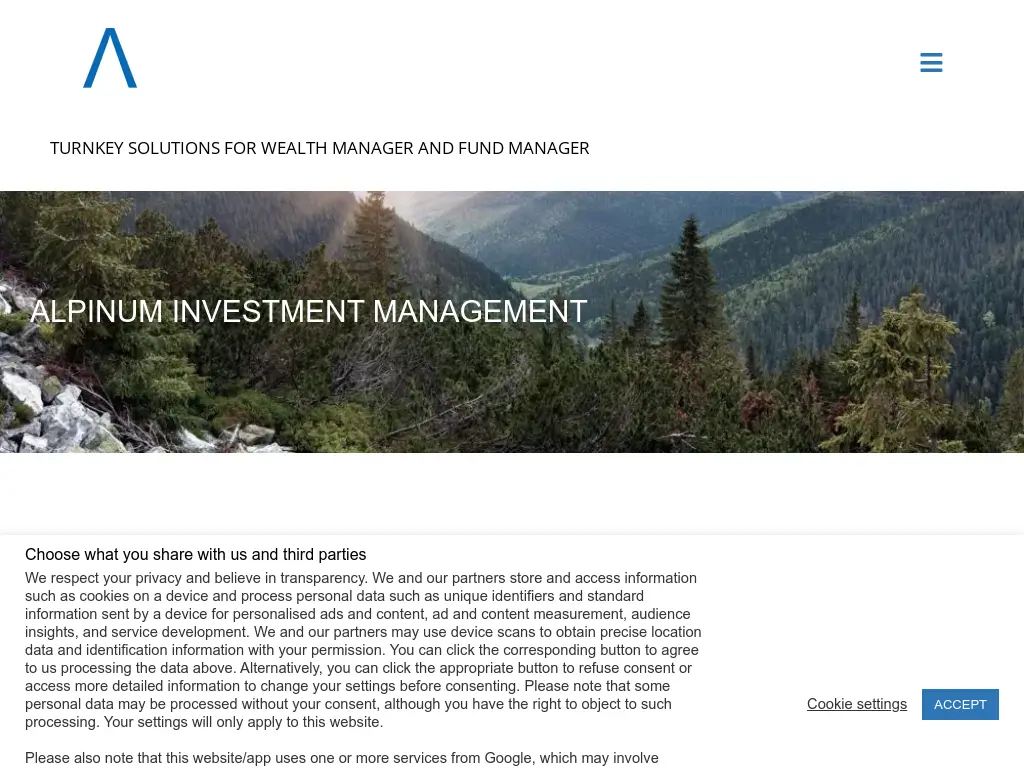 Website screenshot of Alpinum Investment Management, referenced by FF Marcuard in the context of independent Swiss asset and wealth management.