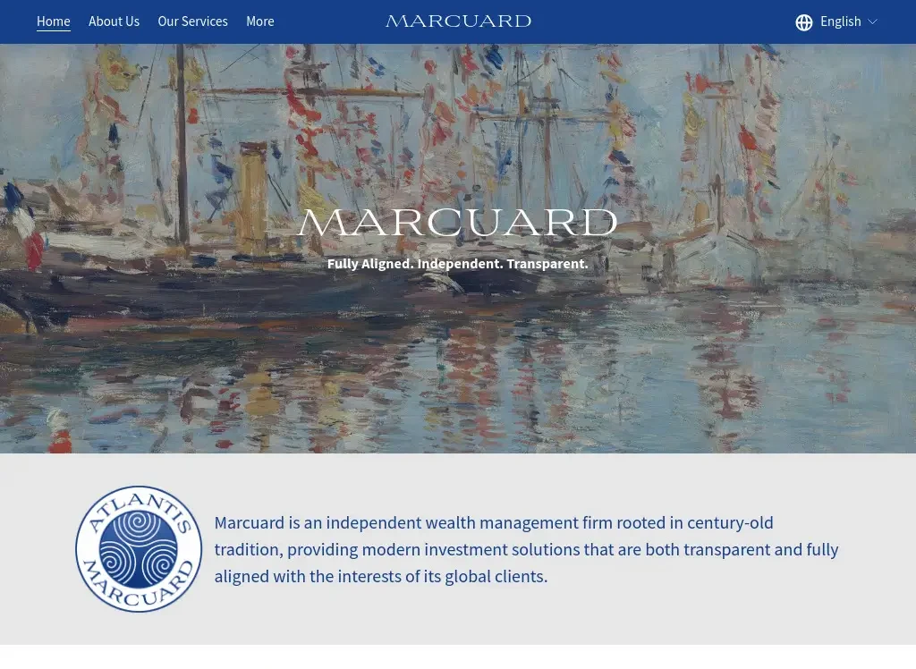Website screenshot of Atlantis Marcuard in Geneva, referenced by FF Marcuard in the context of Swiss independent wealth and asset management.
