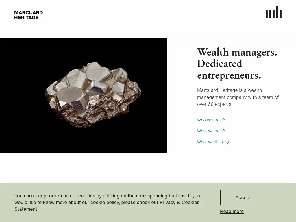 Website screenshot of Marcuard Heritage, referenced for independent wealth management context by FF Marcuard.